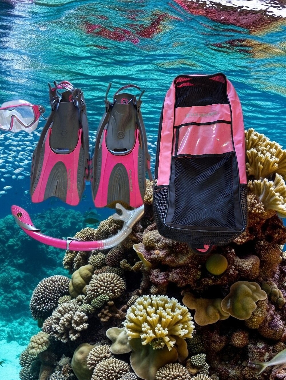 Pink Dive Fins with Adjustable Foot Pocket, Goggles And Snorkling Gear